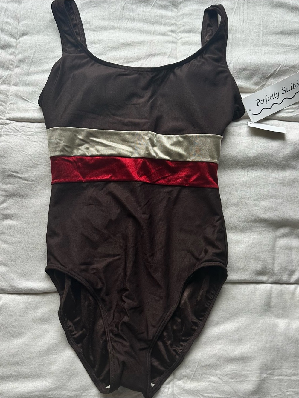Women's Brown One-Piece Swimsuit with Gold and Red Bands